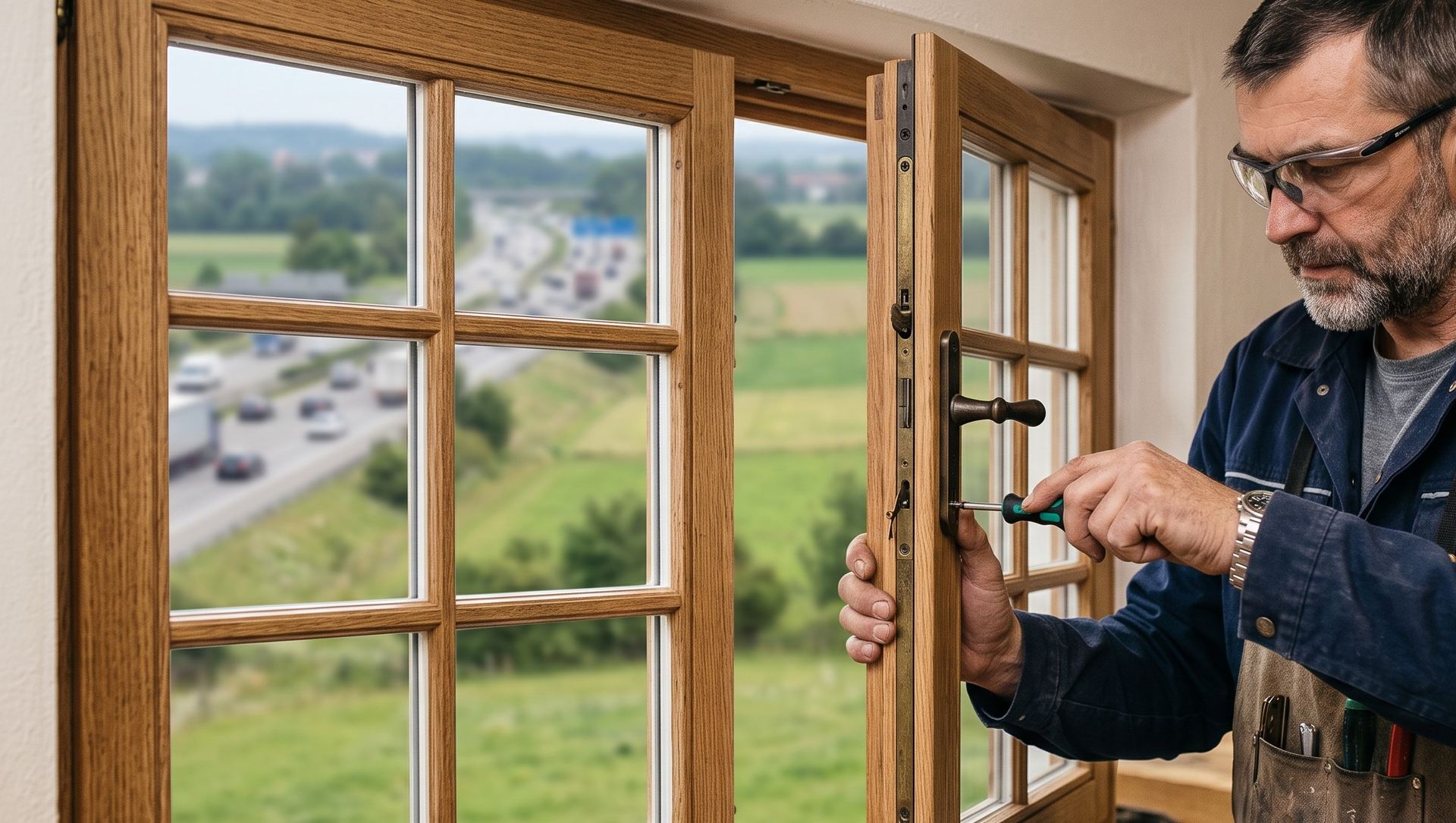 Handwerker stellt einen Fensterbeschlag im Rahmen ein