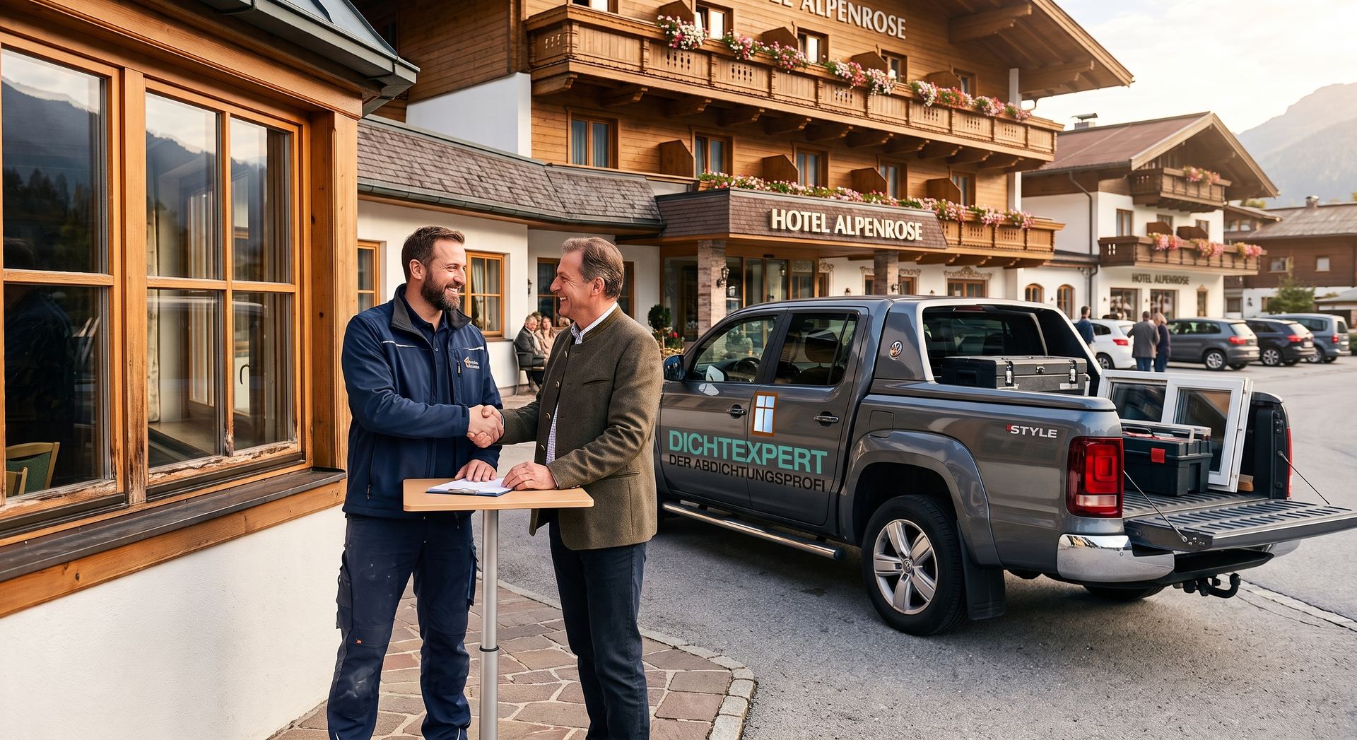 Begutachtung eines Fensters vor Ort im Gespräch mit dem Kunden